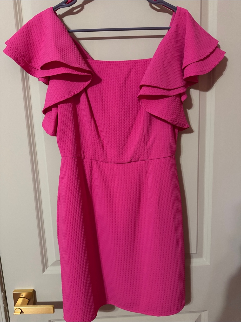 She + Sky Off-Shoulder Ruffle Mini Dress in Fuchsia